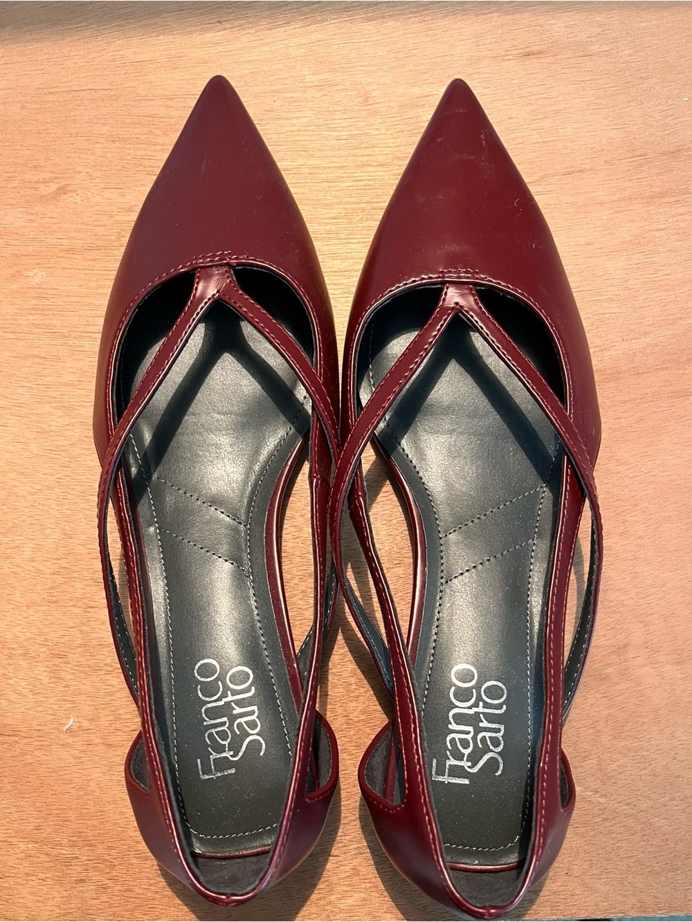 Franco Sarto Women's Burgundy Pointed Toe Slingback Flats with Cross-Strap